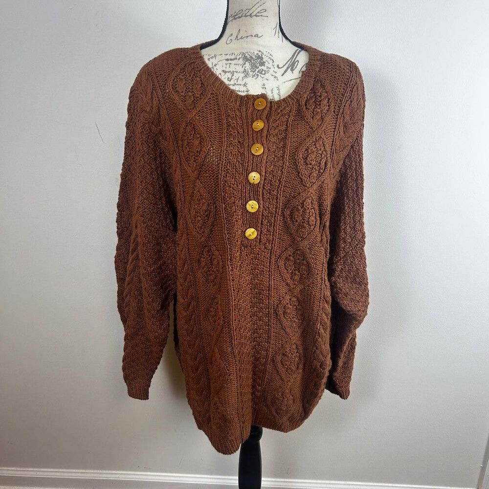 Rosanna Woman Vintage Hand Knit Cable Sweater Womens 3X Brown Ramie Cotton